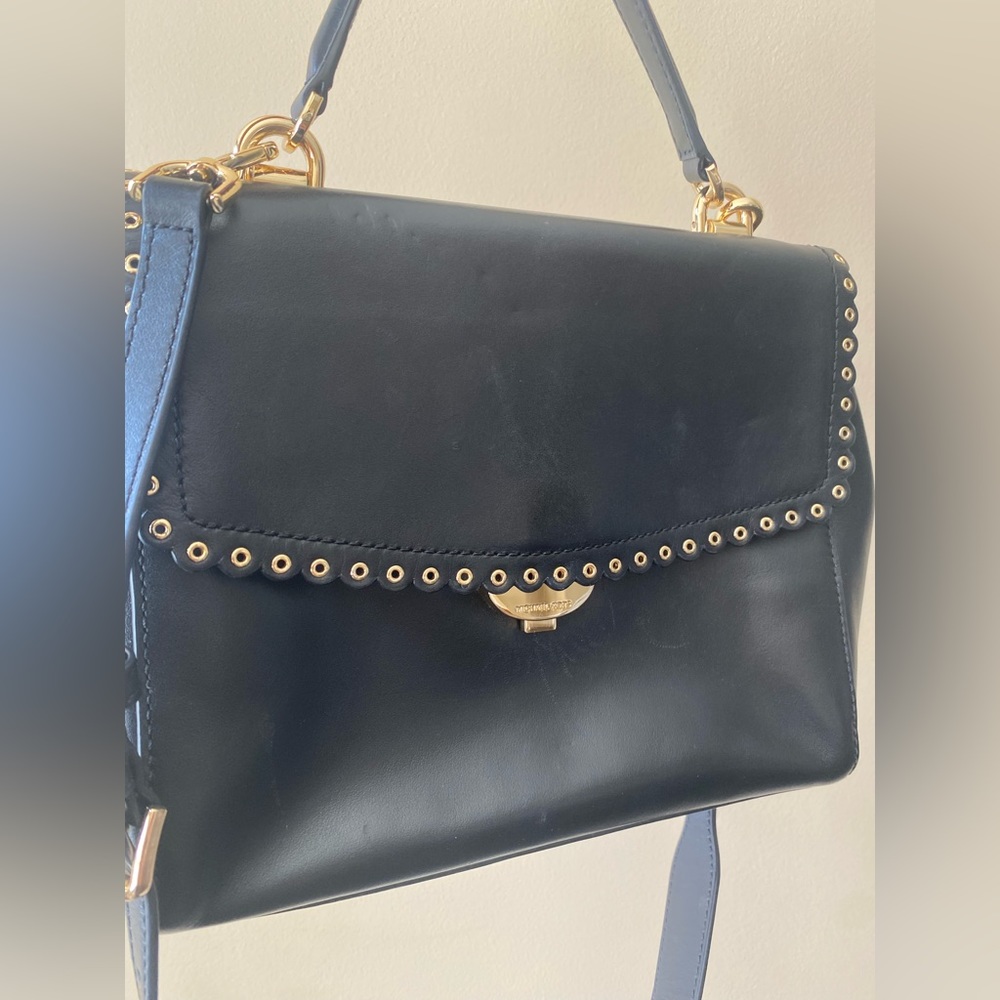 Michael Kors Black & Gold Ava Leather Satchel Handbag Purse Detachable Strap - Picture 4 of 7
